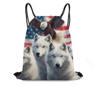 Drawstring Sport Bag, Foldable Gym Backpack, American Flag Wolf Art, Premium String Sackpack For Yoga, Shopping, Hiking, 36X42cm