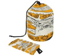 Drawstring Toiletry Bag, African Deer in Ethnic Tribal Pattern Barrel Shaped Wash Bag Cosmetic Bags, Travel Makeup Organiser Pouch + Small Bag