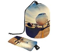 Drawstring Toiletry Bag, Airplane Take Off at Sunrise Barrel Shaped Wash Bag Cosmetic Bags, Travel Makeup Organiser Pouch + Small Bag