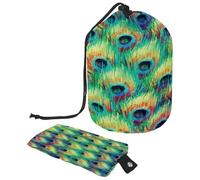 Drawstring Toiletry Bag,Art Green Peacock Feather Pattern Barrel Shaped Wash Bag Cosmetic Bags, Travel Makeup Organiser Pouch + Small Bag