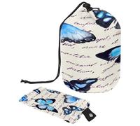 Drawstring Toiletry Bag, Blue Butterfly on Written Text Note Barrel Shaped Wash Bag Cosmetic Bags, Travel Makeup Organiser Pouch + Small Bag