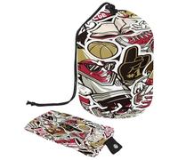 Drawstring Toiletry Bag, Cartoon Doodle Ball Book Barrel Shaped Wash Bag Cosmetic Bags, Travel Makeup Organiser Pouch + Small Bag