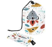 Drawstring Toiletry Bag, Cartoon Rockets Planets Stars Comets Barrel Shaped Wash Bag Cosmetic Bags, Travel Makeup Organiser Pouch + Small Bag