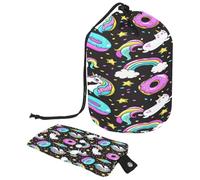 Drawstring Toiletry Bag, Cartoon Unicorn Donut Rainbow Star Black Barrel Shaped Wash Bag Cosmetic Bags, Travel Makeup Organiser Pouch + Small Bag