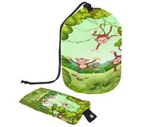 Drawstring Toiletry Bag, Cute Funny Forest Monkeys Green Leaves Barrel Shaped Wash Bag Cosmetic Bags, Travel Makeup Organiser Pouch + Small Bag