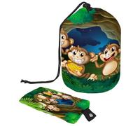 Drawstring Toiletry Bag, Cute Happy Monkeys in Deep Forest Barrel Shaped Wash Bag Cosmetic Bags, Travel Makeup Organiser Pouch + Small Bag
