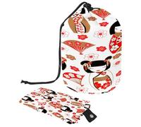 Drawstring Toiletry Bag,Cute Japanese Dolls Kokeshi Pattern Barrel Shaped Wash Bag Cosmetic Bags, Travel Makeup Organiser Pouch + Small Bag