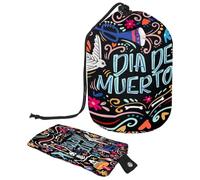 Drawstring Toiletry Bag,Day of The Dead Sugar Skull Bones Barrel Shaped Wash Bag Cosmetic Bags, Travel Makeup Organiser Pouch + Small Bag