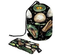 Drawstring Toiletry Bag,Dinosaur Eyes Fossil Green Barrel Shaped Wash Bag Cosmetic Bags, Travel Makeup Organiser Pouch + Small Bag