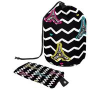 Drawstring Toiletry Bag,Eiffel Tower Black White Wave Stripes Barrel Shaped Wash Bag Cosmetic Bags, Travel Makeup Organiser Pouch + Small Bag