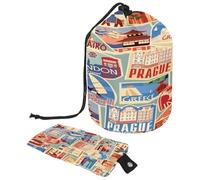 Drawstring Toiletry Bag, Europe Africa Asia America Travel Barrel Shaped Wash Bag Cosmetic Bags, Travel Makeup Organiser Pouch + Small Bag
