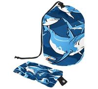 Drawstring Toiletry Bag, Fiercely Sharks on Dark Blue Barrel Shaped Wash Bag Cosmetic Bags, Travel Makeup Organiser Pouch + Small Bag