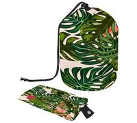 Drawstring Toiletry Bag, Flamingo in The Tropical Leaves Jungle Barrel Shaped Wash Bag Cosmetic Bags, Travel Makeup Organiser Pouch + Small Bag