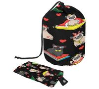 Drawstring Toiletry Bag,Funny King Pug Puppy Dog Crown Heart Barrel Shaped Wash Bag Cosmetic Bags, Travel Makeup Organiser Pouch + Small Bag