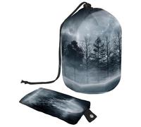 Drawstring Toiletry Bag, Gloomy Smoking Trees with Full Moon Barrel Shaped Wash Bag Cosmetic Bags, Travel Makeup Organiser Pouch + Small Bag