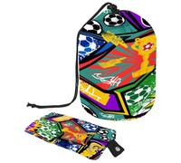 Drawstring Toiletry Bag, Graffiti Comics Grunge Football Soccer Pattern Barrel Shaped Wash Bag Cosmetic Bags, Travel Makeup Organiser Pouch + Small Bag