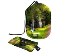 Drawstring Toiletry Bag,Green Wonderland Garden Nature Barrel Shaped Wash Bag Cosmetic Bags, Travel Makeup Organiser Pouch + Small Bag