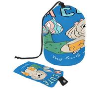 Drawstring Toiletry Bag, Hand Drawn Cute Dog Puppy with Mermaid Tail Barrel Shaped Wash Bag Cosmetic Bags, Travel Makeup Organiser Pouch + Small Bag