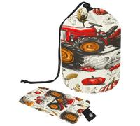 Drawstring Toiletry Bag, Hand Drawn Farm Tractors Foods Barrel Shaped Wash Bag Cosmetic Bags, Travel Makeup Organiser Pouch + Small Bag