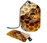 Drawstring Toiletry Bag, Honey Bee on The Honeycomb Barrel Shaped Wash Bag Cosmetic Bags, Travel Makeup Organiser Pouch + Small Bag
