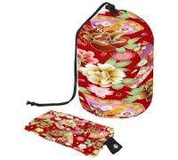 Drawstring Toiletry Bag,Japanese Peony Floral Folding Fan Red Pattern Barrel Shaped Wash Bag Cosmetic Bags, Travel Makeup Organiser Pouch + Small Bag