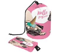 Drawstring Toiletry Bag, Pink Pugicorn Hello Dog Barrel Shaped Wash Bag Cosmetic Bags, Travel Makeup Organiser Pouch + Small Bag