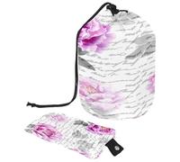Drawstring Toiletry Bag, Purple Peony on Letter Notes Barrel Shaped Wash Bag Cosmetic Bags, Travel Makeup Organiser Pouch + Small Bag