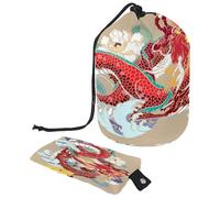 Drawstring Toiletry Bag, Red Dragon with Peony and Waves Barrel Shaped Wash Bag Cosmetic Bags, Travel Makeup Organiser Pouch + Small Bag