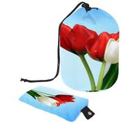 Drawstring Toiletry Bag, Red White Tulip Flower Barrel Shaped Wash Bag Cosmetic Bags, Travel Makeup Organiser Pouch + Small Bag
