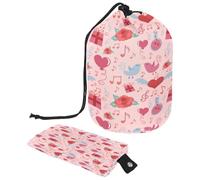 Drawstring Toiletry Bag,Retro Love Music Notes Birds Pattern Barrel Shaped Wash Bag Cosmetic Bags, Travel Makeup Organiser Pouch + Small Bag