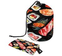 Drawstring Toiletry Bag, Salmon Sushi Foods Barrel Shaped Wash Bag Cosmetic Bags, Travel Makeup Organiser Pouch + Small Bag
