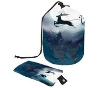 Drawstring Toiletry Bag, Santa and His Sleigh Deer in Night Fall Snow Forest Barrel Shaped Wash Bag Cosmetic Bags, Travel Makeup Organiser Pouch + Small Bag