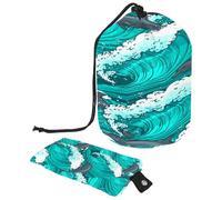Drawstring Toiletry Bag,Sea Waves Green Pattern Art Barrel Shaped Wash Bag Cosmetic Bags, Travel Makeup Organiser Pouch + Small Bag