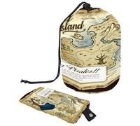 Drawstring Toiletry Bag, Skull Island Treasure Map Barrel Shaped Wash Bag Cosmetic Bags, Travel Makeup Organiser Pouch + Small Bag