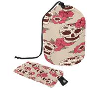 Drawstring Toiletry Bag, Skull with Florals Novelty Barrel Shaped Wash Bag Cosmetic Bags, Travel Makeup Organiser Pouch + Small Bag