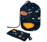 Drawstring Toiletry Bag, Solar System Sun Planets Rockets Barrel Shaped Wash Bag Cosmetic Bags, Travel Makeup Organiser Pouch + Small Bag