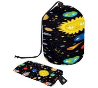 Drawstring Toiletry Bag,Space Stars Planets Galaxy Rockets Sun Barrel Shaped Wash Bag Cosmetic Bags, Travel Makeup Organiser Pouch + Small Bag