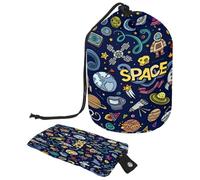 Drawstring Toiletry Bag, Space Symbol Doodles Barrel Shaped Wash Bag Cosmetic Bags, Travel Makeup Organiser Pouch + Small Bag