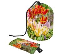 Drawstring Toiletry Bag, Spring Tulip Flower Bloom Barrel Shaped Wash Bag Cosmetic Bags, Travel Makeup Organiser Pouch + Small Bag
