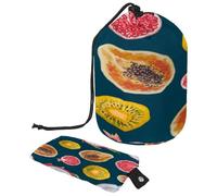 Drawstring Toiletry Bag, Tropical Dragon Fruits Papaya Kiwi Coconut Barrel Shaped Wash Bag Cosmetic Bags, Travel Makeup Organiser Pouch + Small Bag