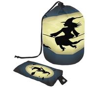 Drawstring Toiletry Bag, Witch Riding a Broom Through Full Moon with Flying Bats Barrel Shaped Wash Bag Cosmetic Bags, Travel Makeup Organiser Pouch + Small Bag