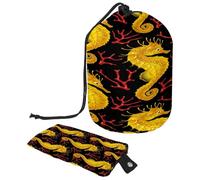 Drawstring Toiletry Bag,Yellow Sea Horse Red Coral Pattern Barrel Shaped Wash Bag Cosmetic Bags, Travel Makeup Organiser Pouch + Small Bag