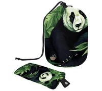 Drawstring Travel Cosmetic Bags Barrel Makeup Bag, Art Panda with Green Bamboo Large Toiletry Organizer Waterproof for Women