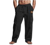 Drawstring Trousers Men Men's Linen Trousers UK Elastic Drawstring Waist Loose Fit Cargo Pants Summer Fashion Outdoor Lightweight Cotton Linen Trouser with Pockets Black S