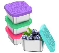 DRBIT 4 Pcs Stainless Steel Snack Container with Silicone Lids 6oz Sauce Container Leakproof Food Storage Container Reusable Snack Cup Stackable Dressing Container Portable Snack Box Set