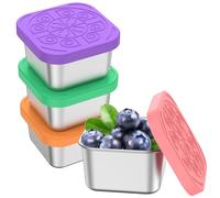 DRBIT 4 Pcs Stainless Steel Snack Container with Silicone Lids 6oz Sauce Container Leakproof Food Storage Container Reusable Snack Cup Stackable Dressing Container Portable Snack Box Set