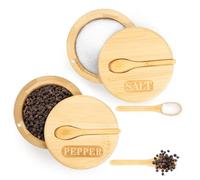 DRBIT Bamboo Spice Cellar 5 oz Seasoning Salt Bowl Round Pepper Bowl with Magnetic Swivel Lid and Spoon Pepper Storage Box Kitchen Pepper Container Holder for Table Salt White and Black Pepper