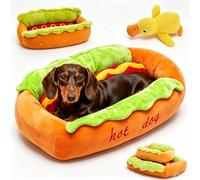 Drbrrly Hot Dog Dog Bed, Hot Dog Bed for Dachshund, Funny Plush Sausage Bun Pet Sofa with Removable Washable Cover, Cozy Indoor Cute Dog Cat Bed for Small Dogs Puppies, Non-Slip Bottom (M)