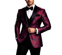 DRCUIVS Men’s Floral Tuxedo Jacket Paisley Slim Fit Dinner Jacket Shawl Lapel One Button Suit Jacket, Burgundy, L
