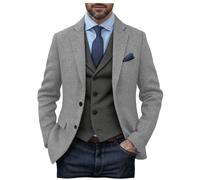 DRCUIVS Men's Herringbone Tweed Blazer Wool Blend Tailored Fit Single Breasted Two Button Suit Jacket Business, Light Gray, L